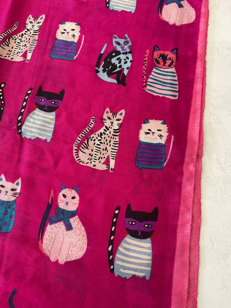 FUCHSIA PINK COTTON BLEND CAT PRINT LIGHTWEIGHT SCARF