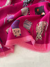 FUCHSIA PINK COTTON BLEND CAT PRINT LIGHTWEIGHT SCARF