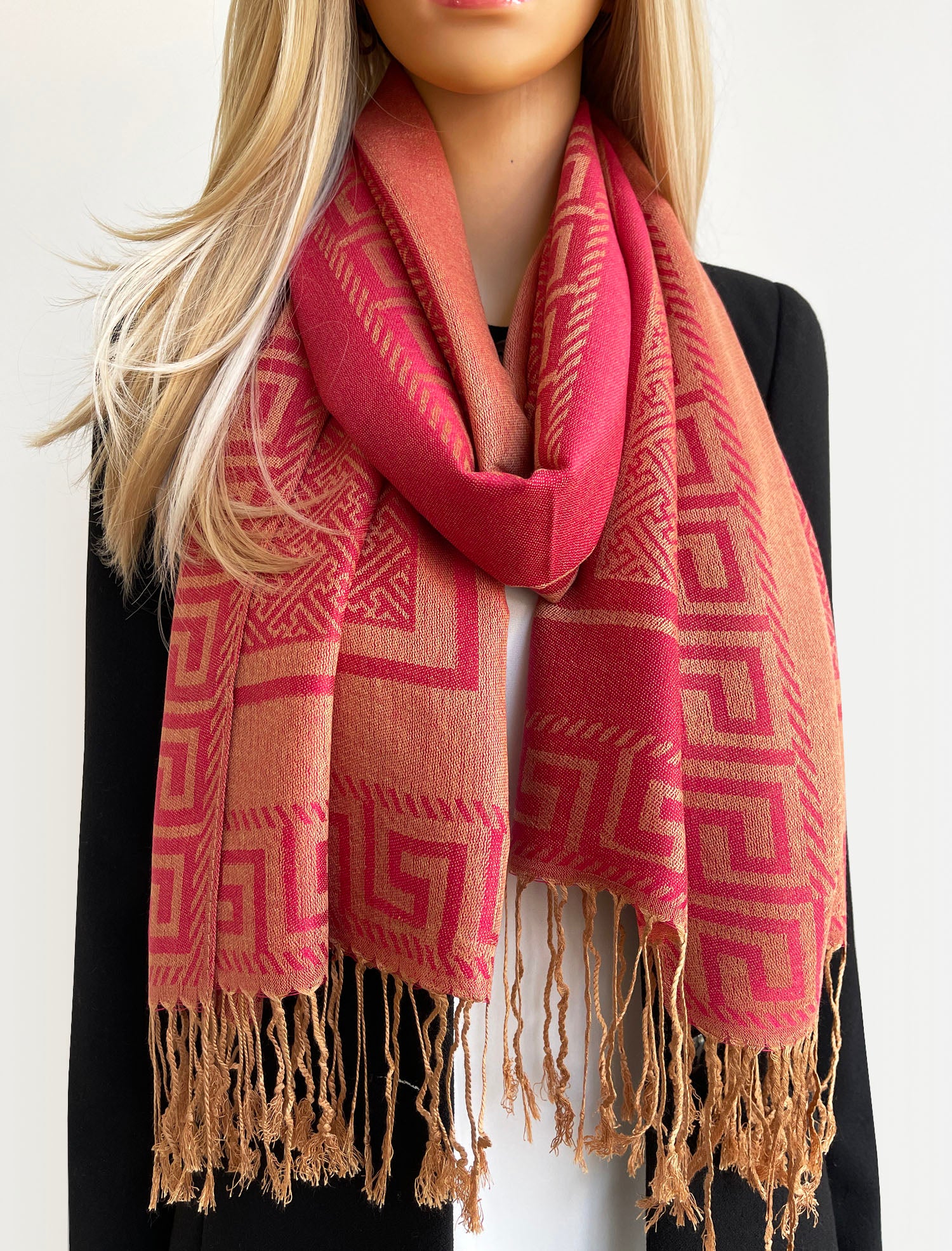 GEOMETRIC CORAL RED LIGHTWEIGHT PASHMINA SHAWL SCARF
