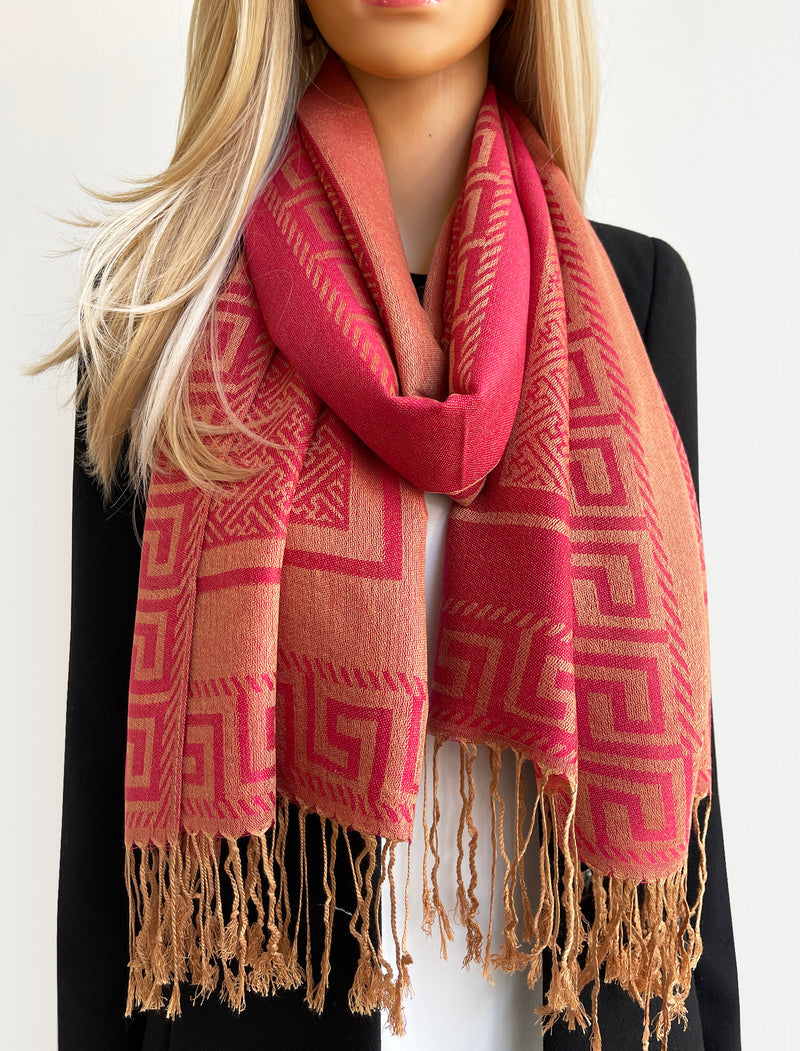 GEOMETRIC CORAL RED LIGHTWEIGHT PASHMINA SHAWL SCARF