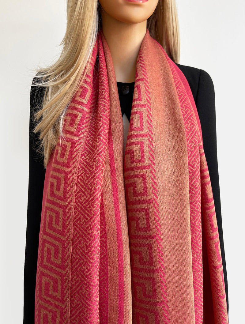 GEOMETRIC CORAL RED LIGHTWEIGHT PASHMINA SHAWL SCARF