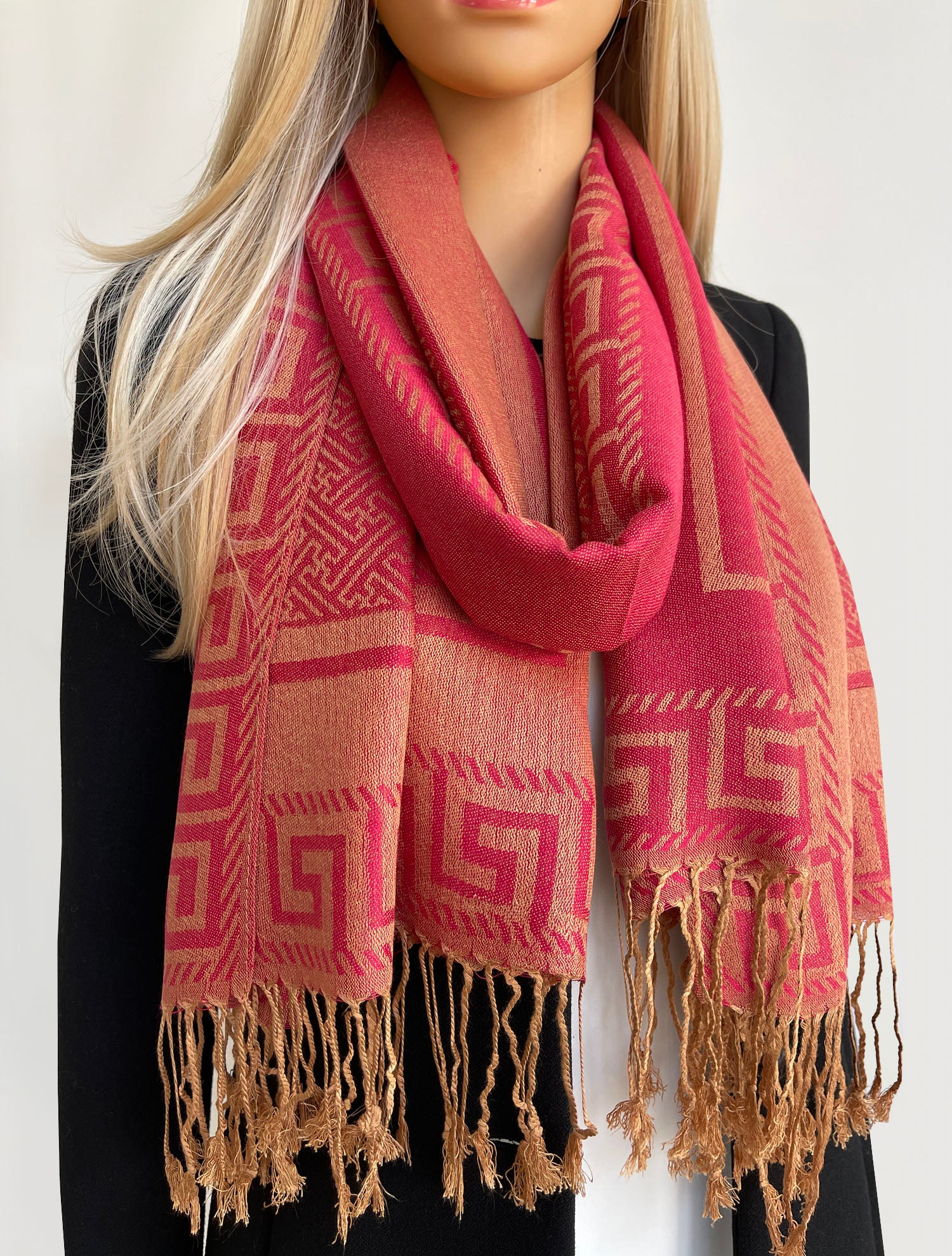 GEOMETRIC CORAL RED LIGHTWEIGHT PASHMINA SHAWL SCARF
