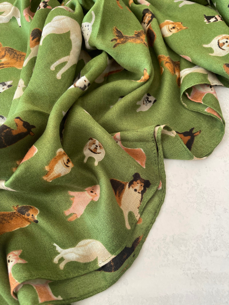 GREEN COTTON BLEND DOG PRINT LIGHTWEIGHT SCARF