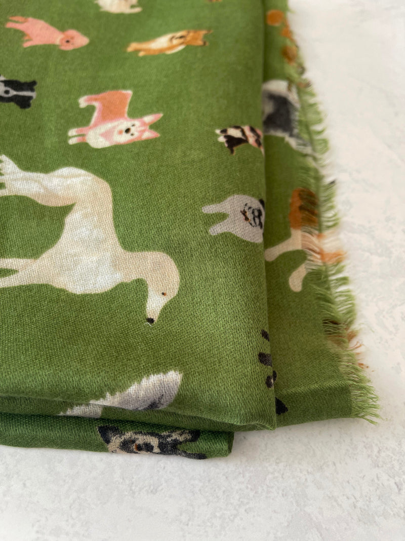 GREEN COTTON BLEND DOG PRINT LIGHTWEIGHT SCARF