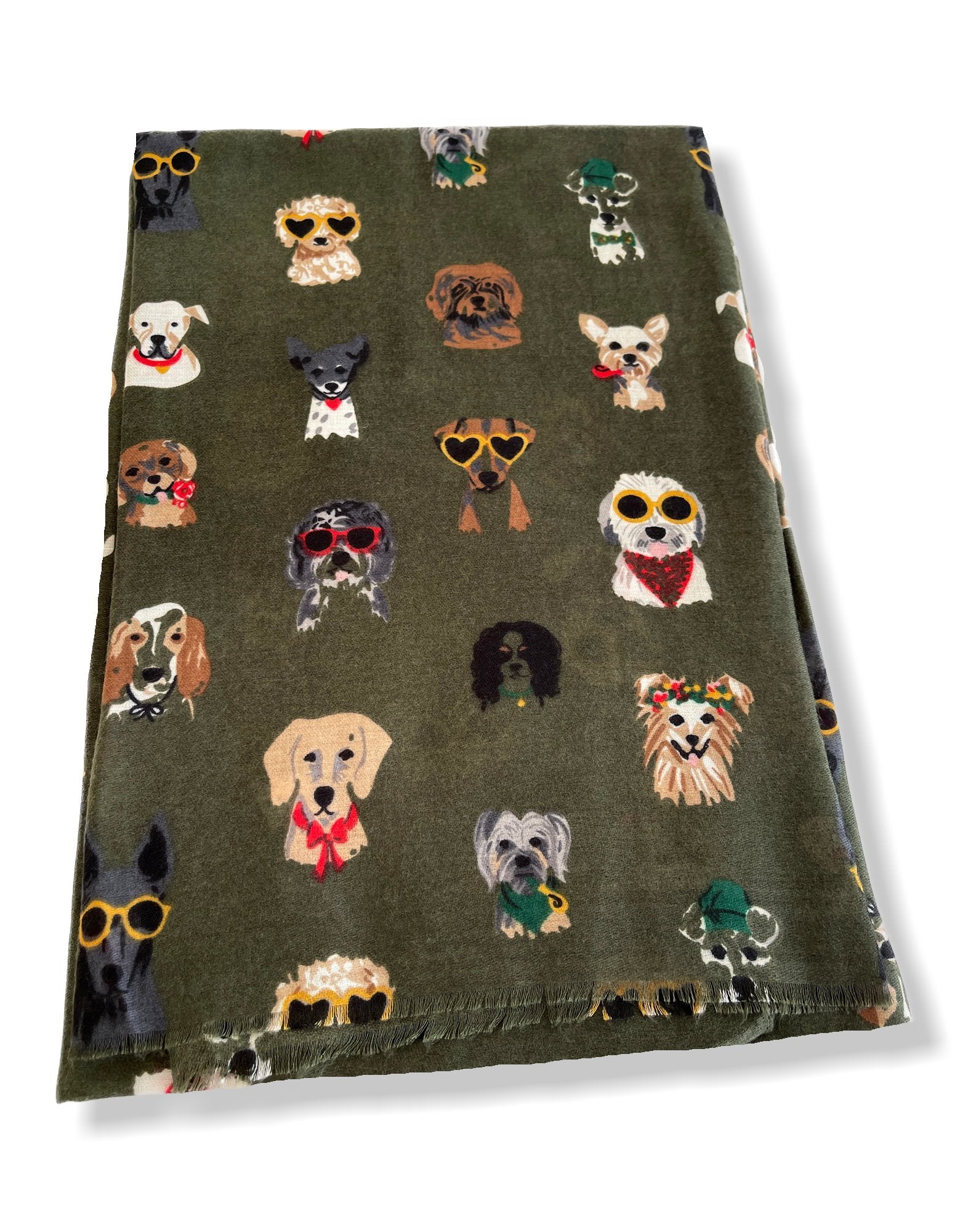 GREEN COTTON BLEND DOG PRINT LIGHTWEIGHT SCARF