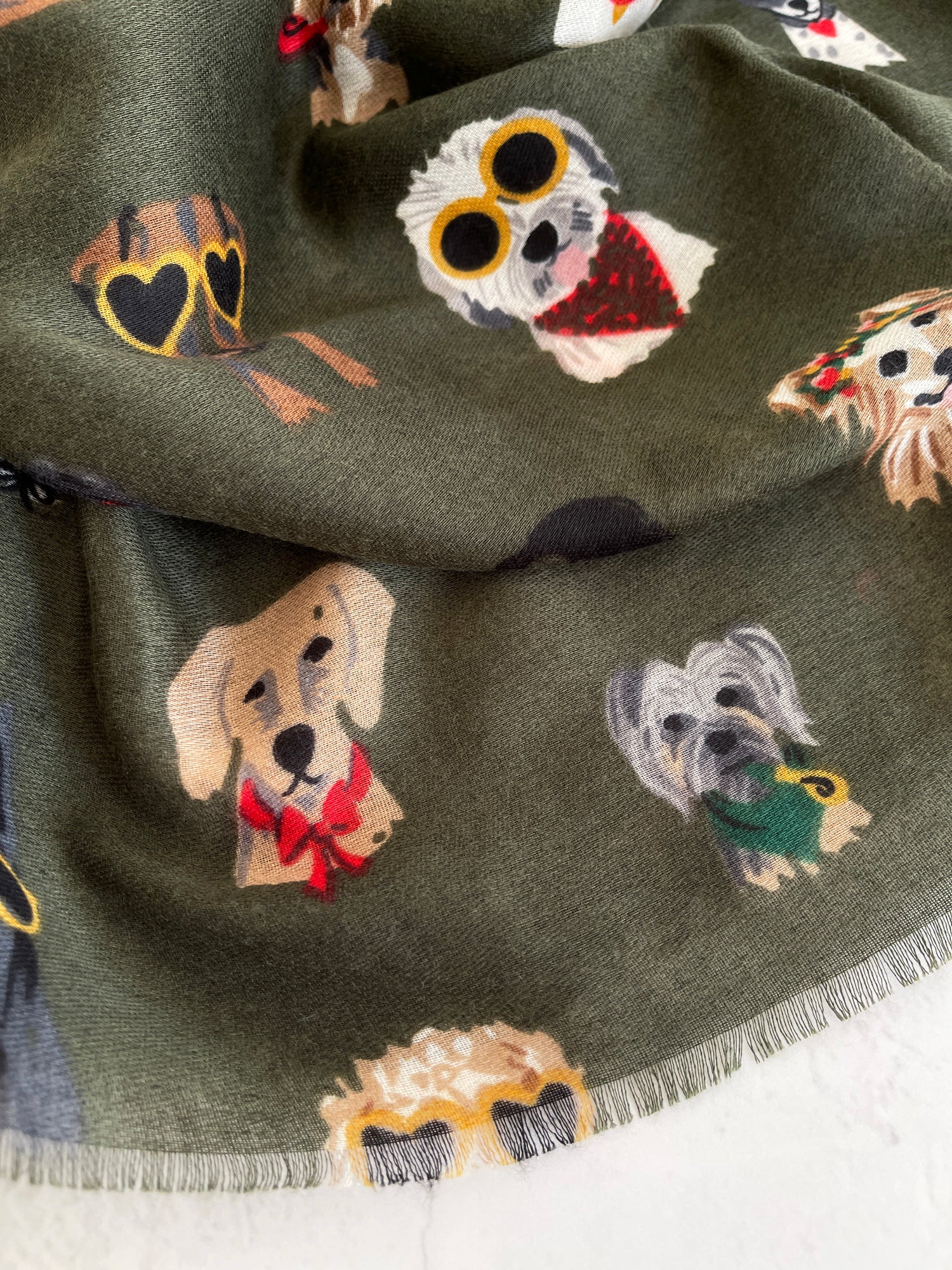 GREEN COTTON BLEND DOG PRINT LIGHTWEIGHT SCARF