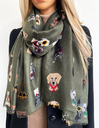 GREEN COTTON BLEND DOG PRINT LIGHTWEIGHT SCARF