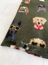 GREEN COTTON BLEND DOG PRINT LIGHTWEIGHT SCARF