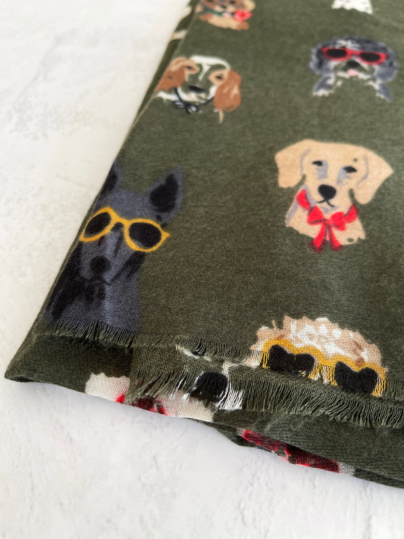 GREEN COTTON BLEND DOG PRINT LIGHTWEIGHT SCARF