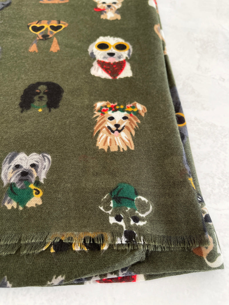 GREEN COTTON BLEND DOG PRINT LIGHTWEIGHT SCARF