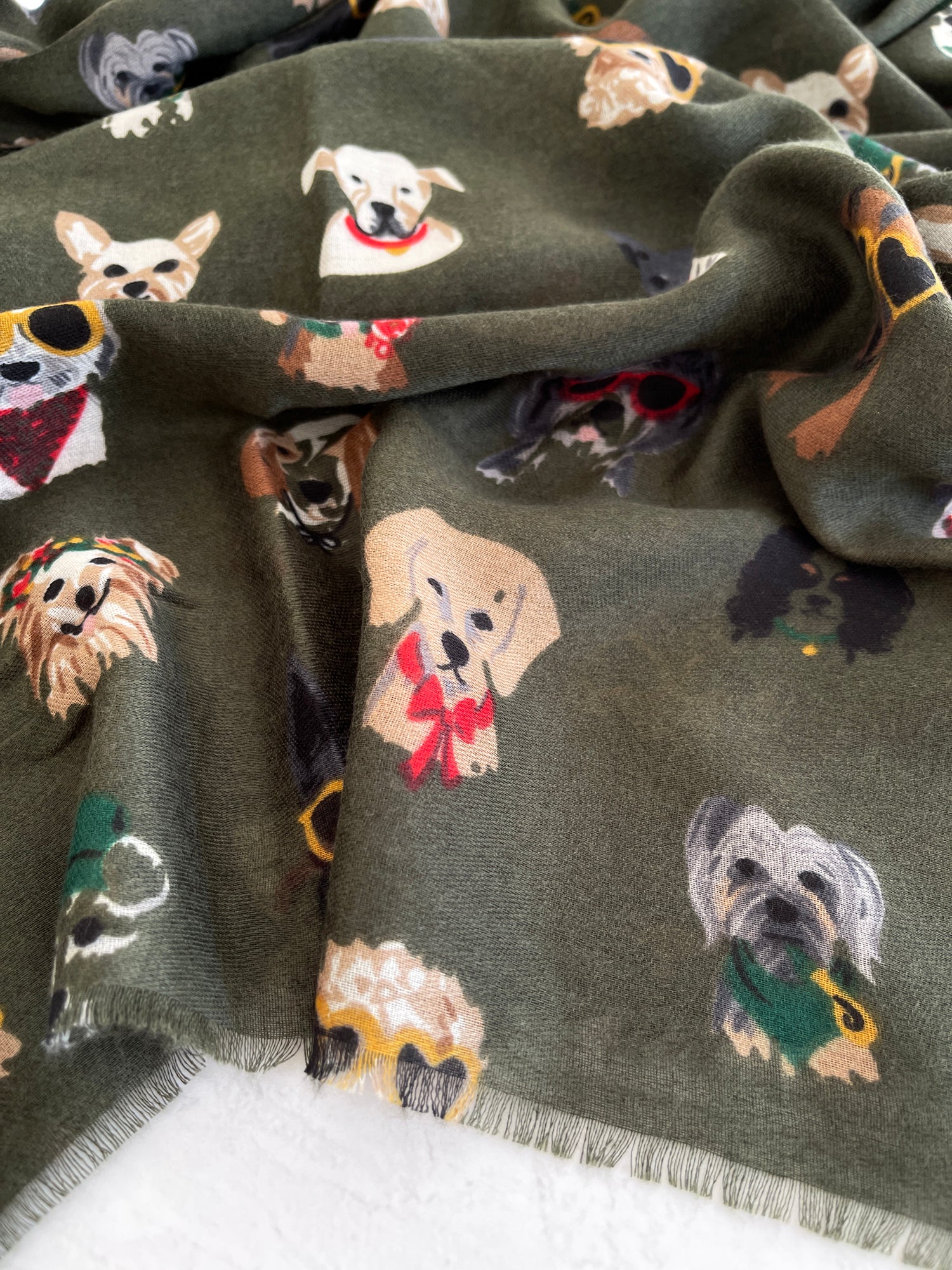 GREEN COTTON BLEND DOG PRINT LIGHTWEIGHT SCARF