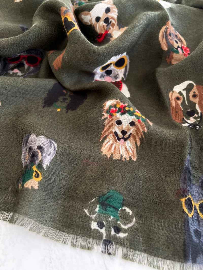 GREEN COTTON BLEND DOG PRINT LIGHTWEIGHT SCARF
