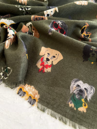 GREEN COTTON BLEND DOG PRINT LIGHTWEIGHT SCARF