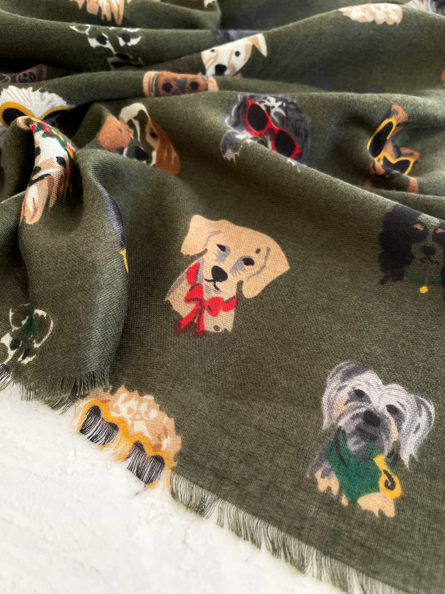 GREEN COTTON BLEND DOG PRINT LIGHTWEIGHT SCARF