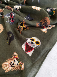 GREEN COTTON BLEND DOG PRINT LIGHTWEIGHT SCARF