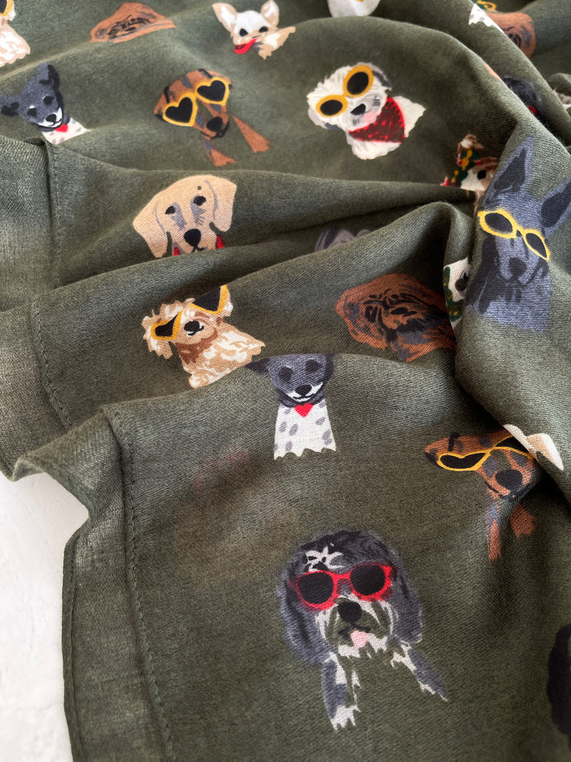 GREEN COTTON BLEND DOG PRINT LIGHTWEIGHT SCARF