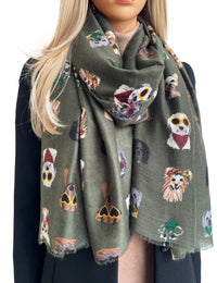 GREEN COTTON BLEND DOG PRINT LIGHTWEIGHT SCARF