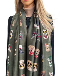 GREEN COTTON BLEND DOG PRINT LIGHTWEIGHT SCARF