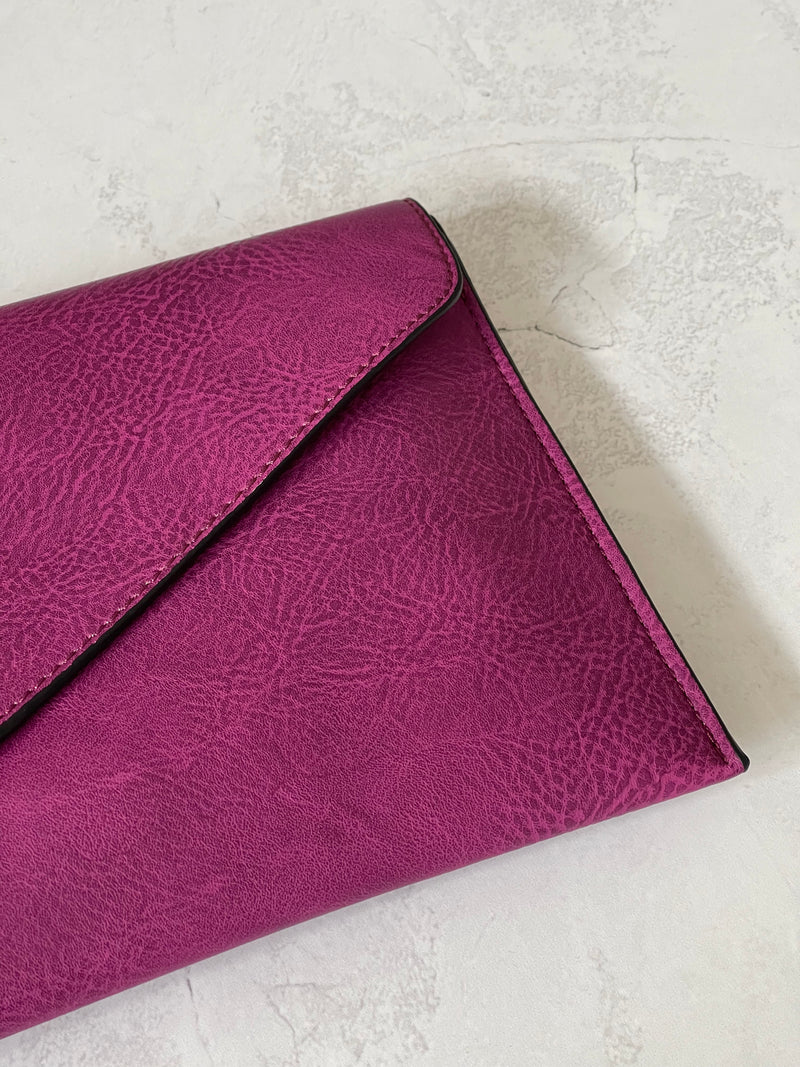 PURPLE OVER-SIZED ENVELOPE CLUTCH BAG WITH LONG CROSS BODY AND WRISTLET STRAP
