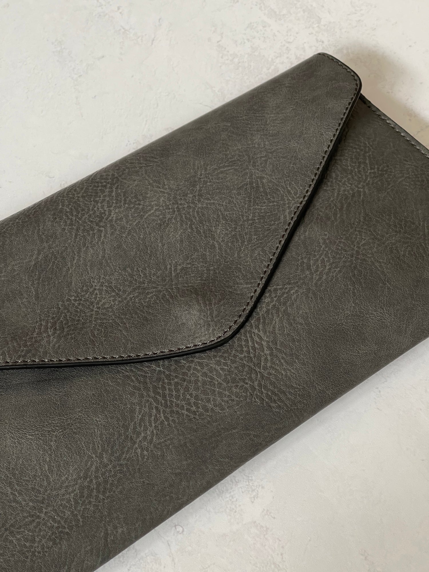 DARK GREY OVER-SIZED ENVELOPE CLUTCH BAG WITH LONG CROSS BODY AND WRISTLET STRAP