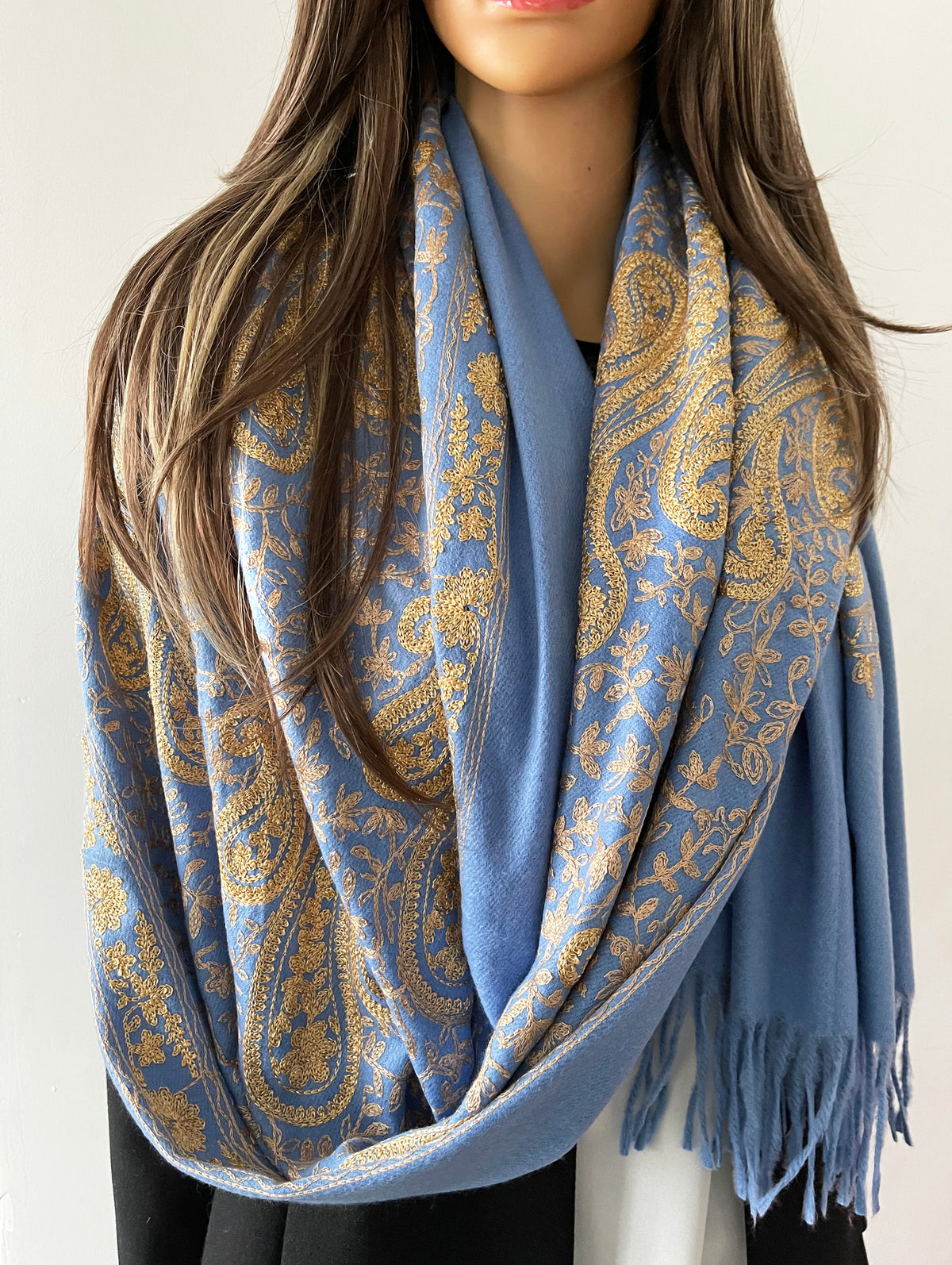 LARGE BABY BLUE PAISLEY CASHMERE COTTON BLEND WINTER SHAWL BLANKET SCARF