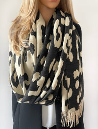 LARGE BEIGE CASHMERE LEOPARD PRINT REVERSIBLE WINTER SHAWL BLANKET SCARF