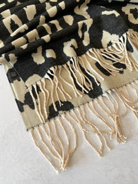 LARGE BEIGE CASHMERE LEOPARD PRINT REVERSIBLE WINTER SHAWL BLANKET SCARF