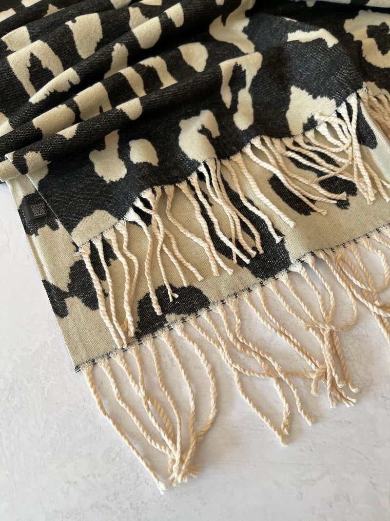 LARGE BEIGE CASHMERE LEOPARD PRINT REVERSIBLE WINTER SHAWL BLANKET SCARF