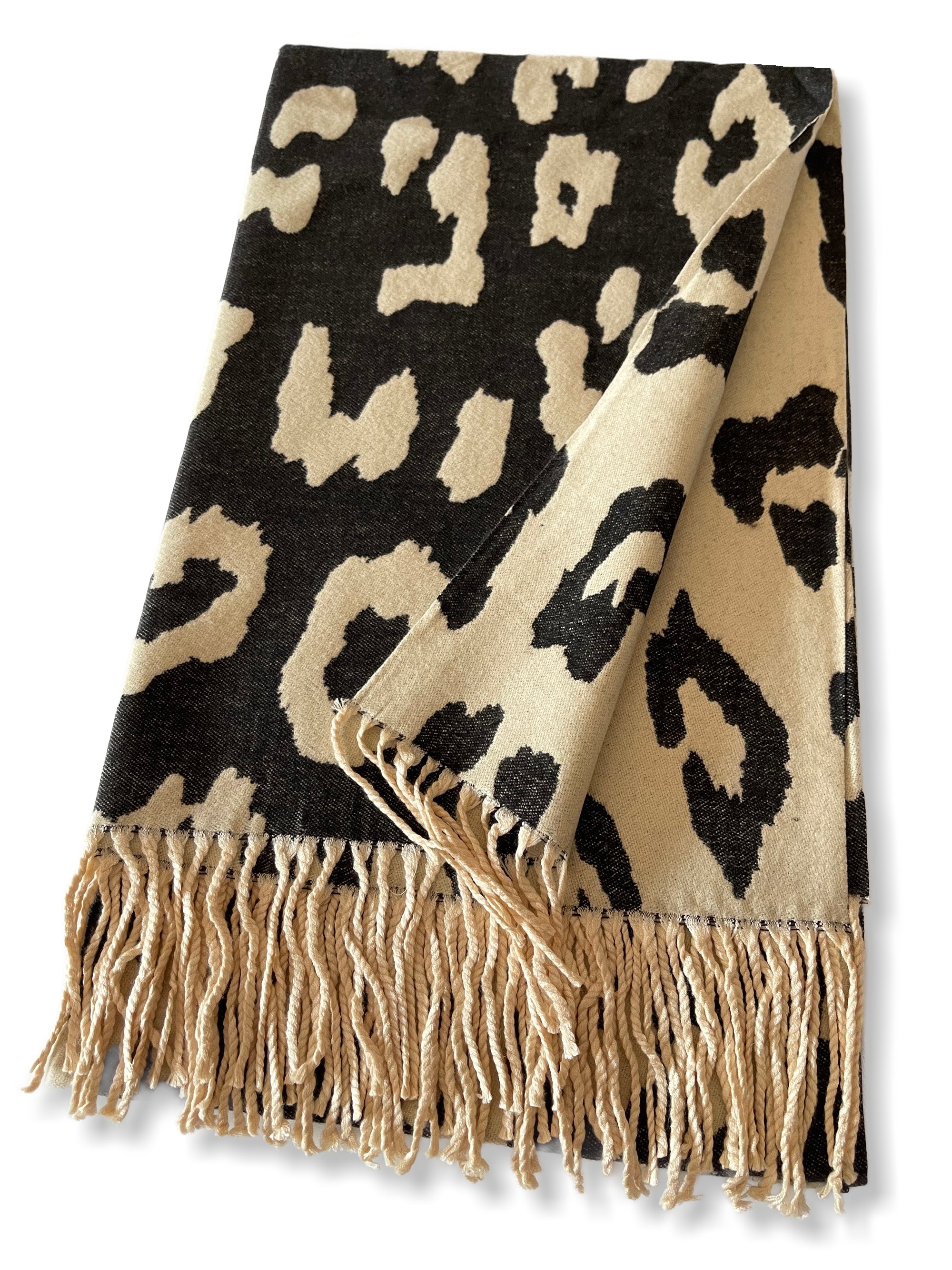 LARGE BEIGE CASHMERE LEOPARD PRINT REVERSIBLE WINTER SHAWL BLANKET SCARF