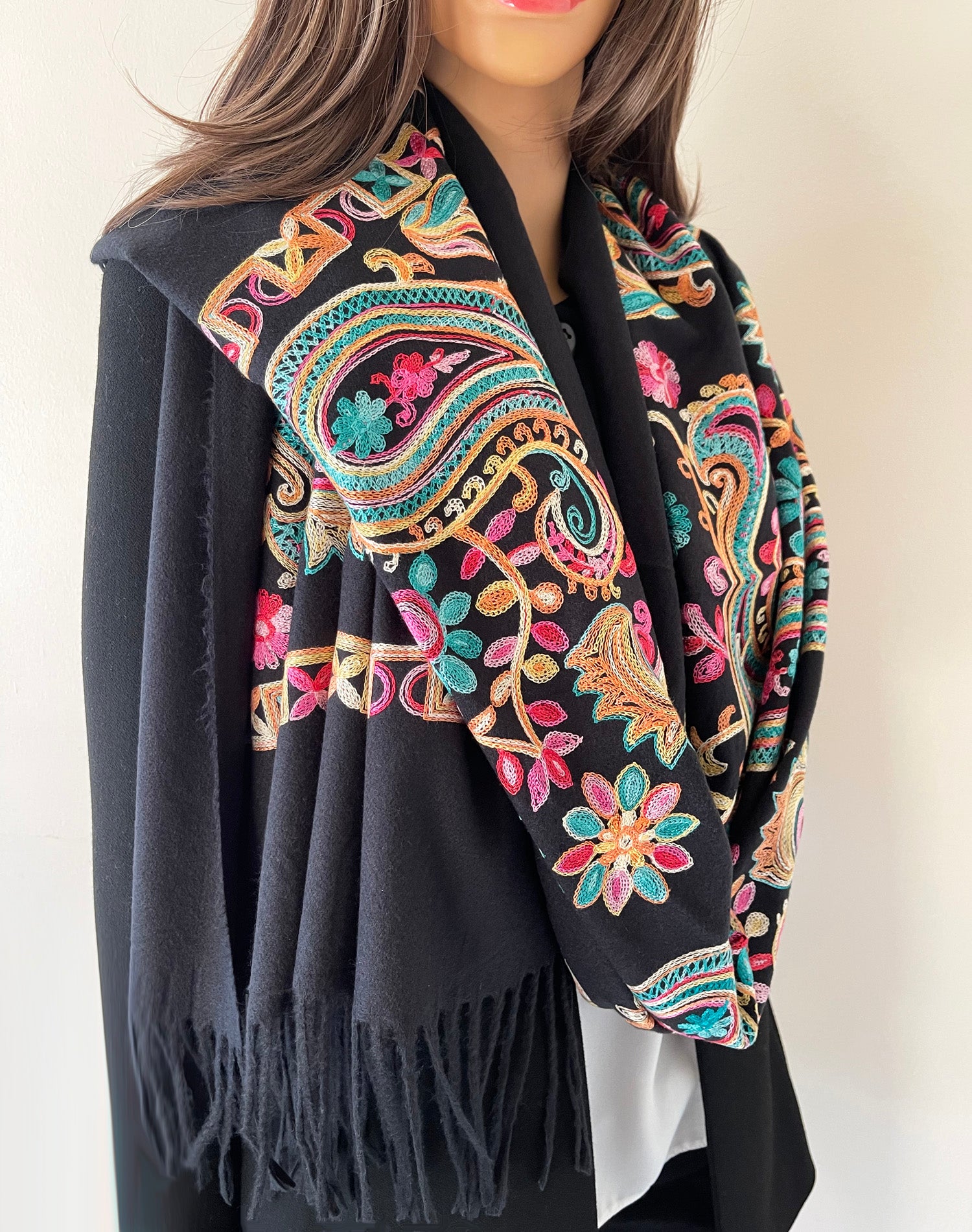 LARGE BLACK COLOURFUL PAISLEY CASHMERE COTTON BLEND WINTER SHAWL BLANKET SCARF