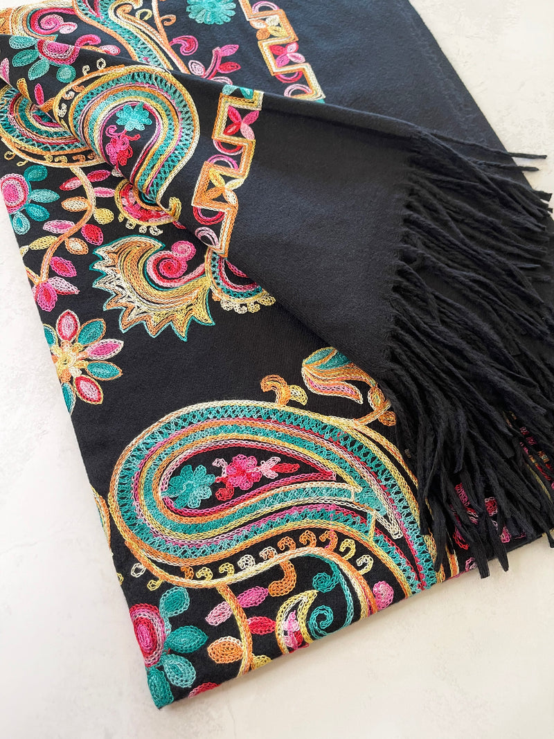 LARGE BLACK COLOURFUL PAISLEY CASHMERE COTTON BLEND WINTER SHAWL BLANKET SCARF