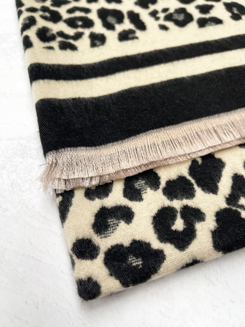 LARGE BLACK CREAM LEOPARD PRINT REVERSIBLE WINTER SHAWL BLANKET SCARF