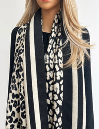 LARGE BLACK CREAM LEOPARD PRINT REVERSIBLE WINTER SHAWL BLANKET SCARF