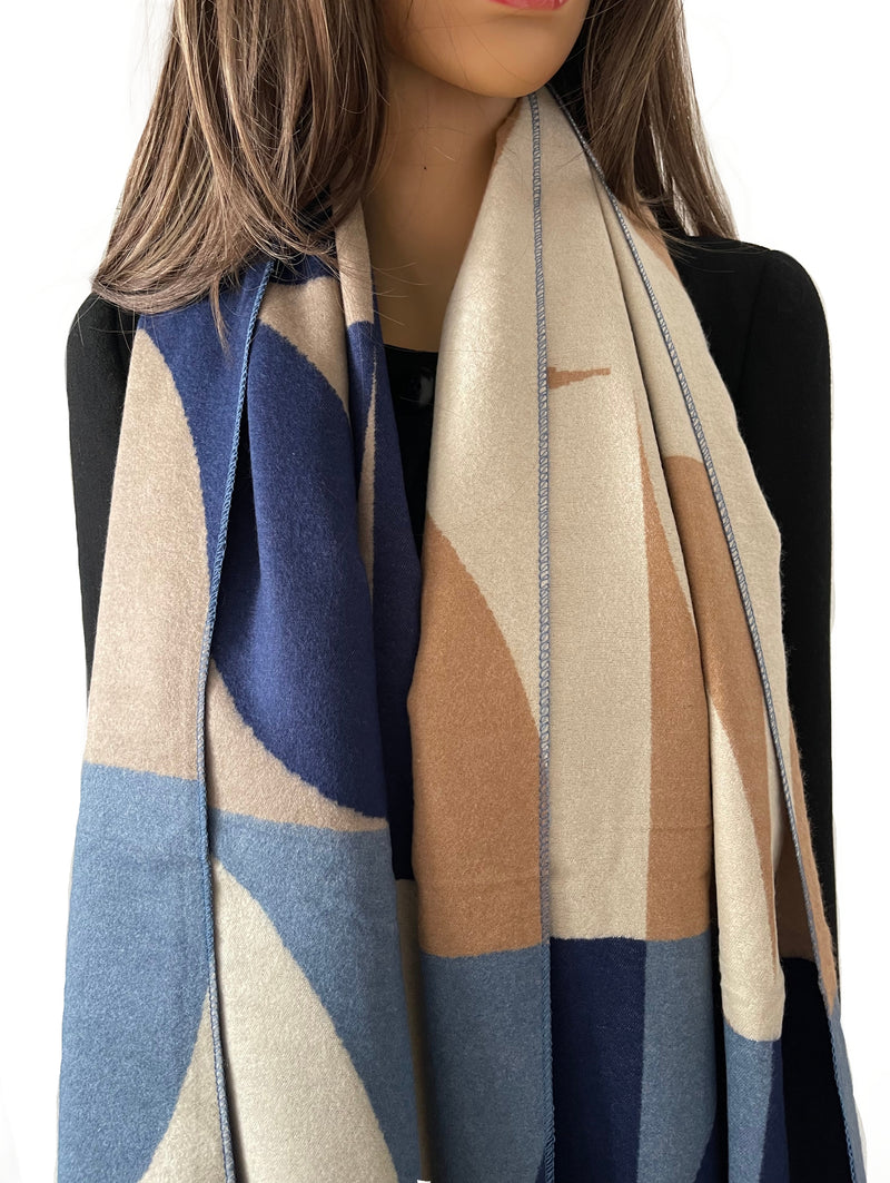 LARGE BLUE CASHMERE RETRO PRINT REVERSIBLE WINTER SHAWL BLANKET SCARF