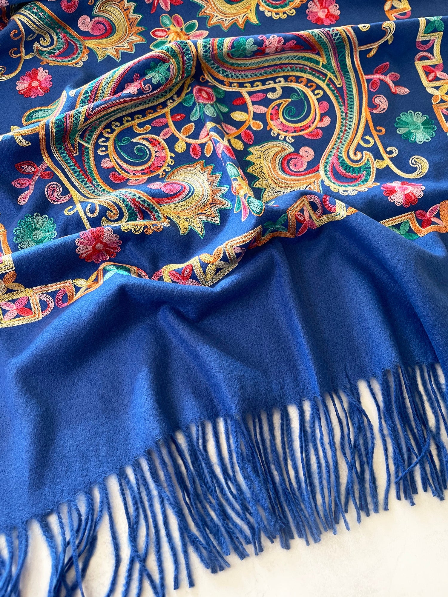 LARGE BLUE COLOURFUL PAISLEY CASHMERE COTTON BLEND WINTER SHAWL BLANKET SCARF