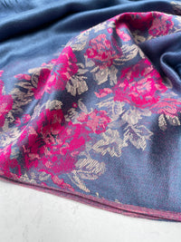 LARGE BLUE FLORAL PRINT SILKY FEEL PASHMINA SHAWL SCARF