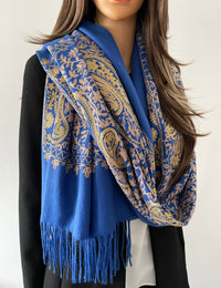 LARGE BLUE PAISLEY CASHMERE COTTON BLEND WINTER SHAWL BLANKET SCARF