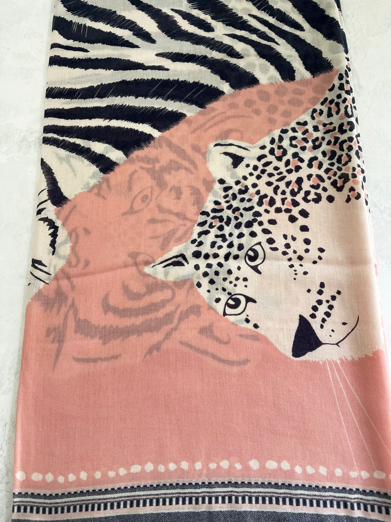 LARGE BLUSH PINK TIGER AND LEOPARD PRINT SHAWL SCARF