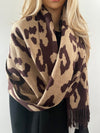 LARGE BROWN CASHMERE LEOPARD PRINT REVERSIBLE WINTER SHAWL BLANKET SCARF