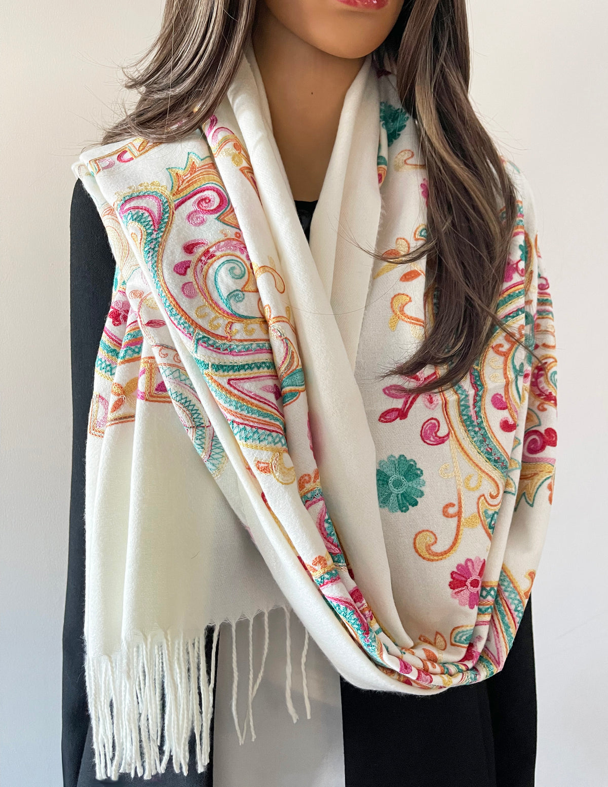 LARGE CREAM COLOURFUL PAISLEY CASHMERE COTTON BLEND WINTER SHAWL BLANKET SCARF