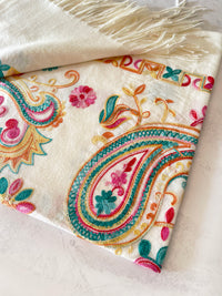 LARGE CREAM COLOURFUL PAISLEY CASHMERE COTTON BLEND WINTER SHAWL BLANKET SCARF