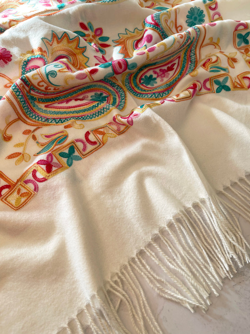 LARGE CREAM COLOURFUL PAISLEY CASHMERE COTTON BLEND WINTER SHAWL BLANKET SCARF