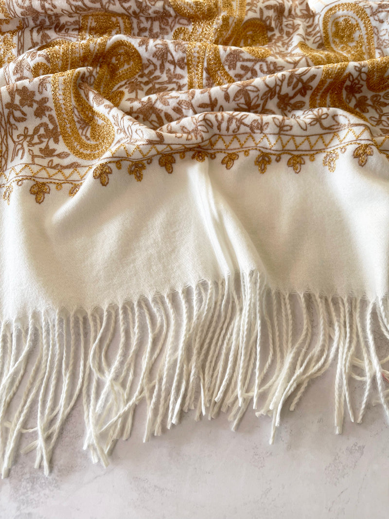 LARGE CREAM PAISLEY CASHMERE COTTON BLEND WINTER SHAWL BLANKET SCARF