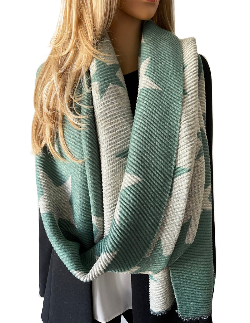 LARGE DUCK EGG GREEN STAR THICK REVERSIBLE WINTER SHAWL BLANKET SCARF