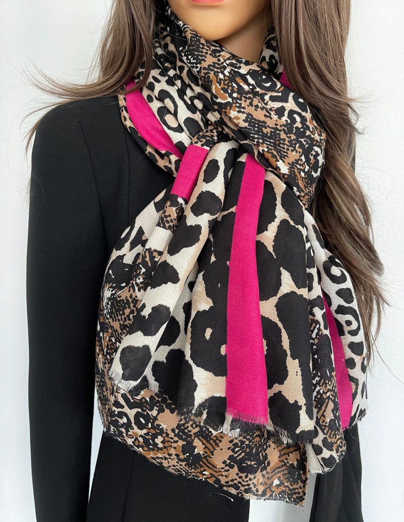 LARGE FUCHSIA PINK SNAKESKIN AND LEOPARD PRINT SCARF