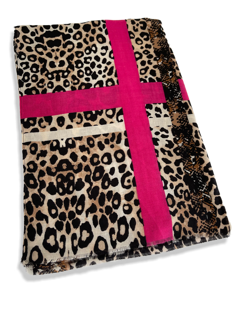 LARGE FUCHSIA PINK SNAKESKIN AND LEOPARD PRINT SCARF