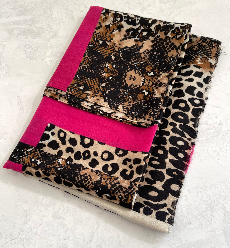 LARGE FUCHSIA PINK SNAKESKIN AND LEOPARD PRINT SCARF