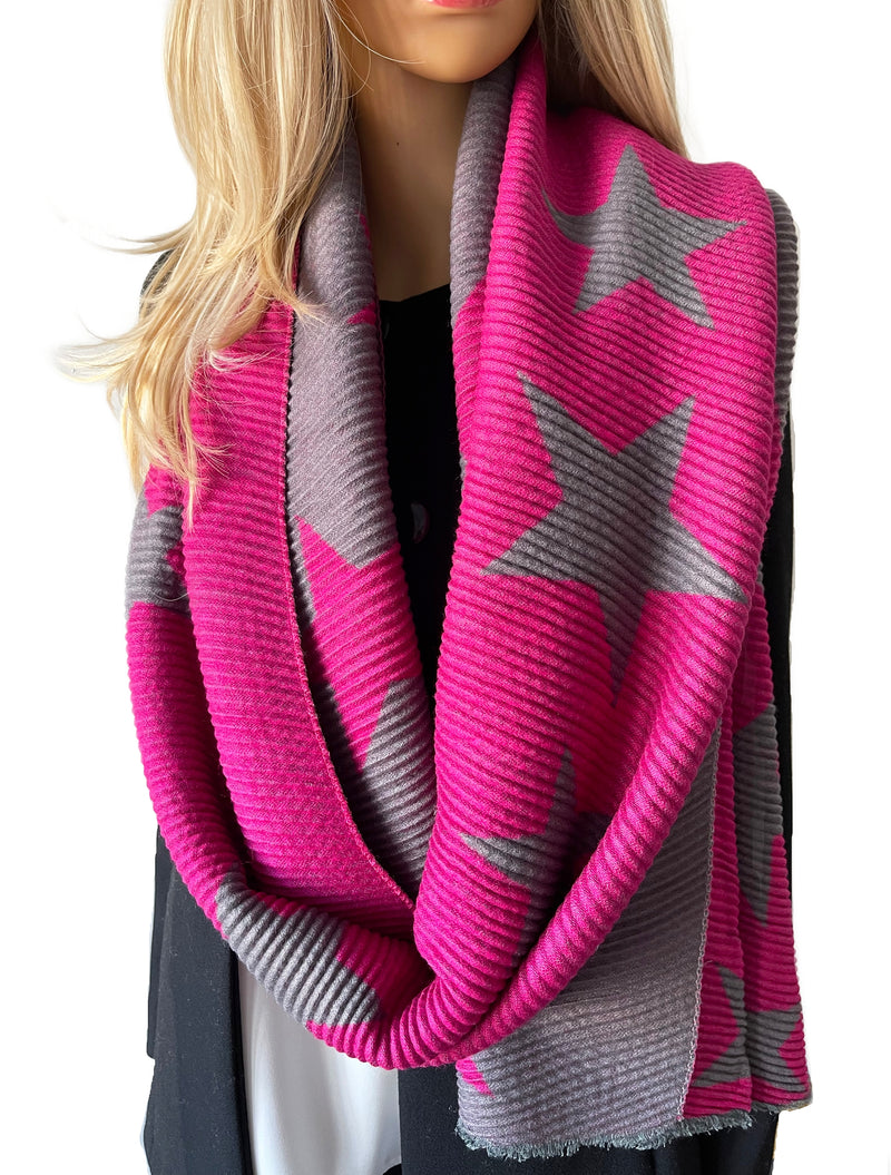 LARGE FUCHSIA PINK STAR THICK REVERSIBLE WINTER SHAWL BLANKET SCARF