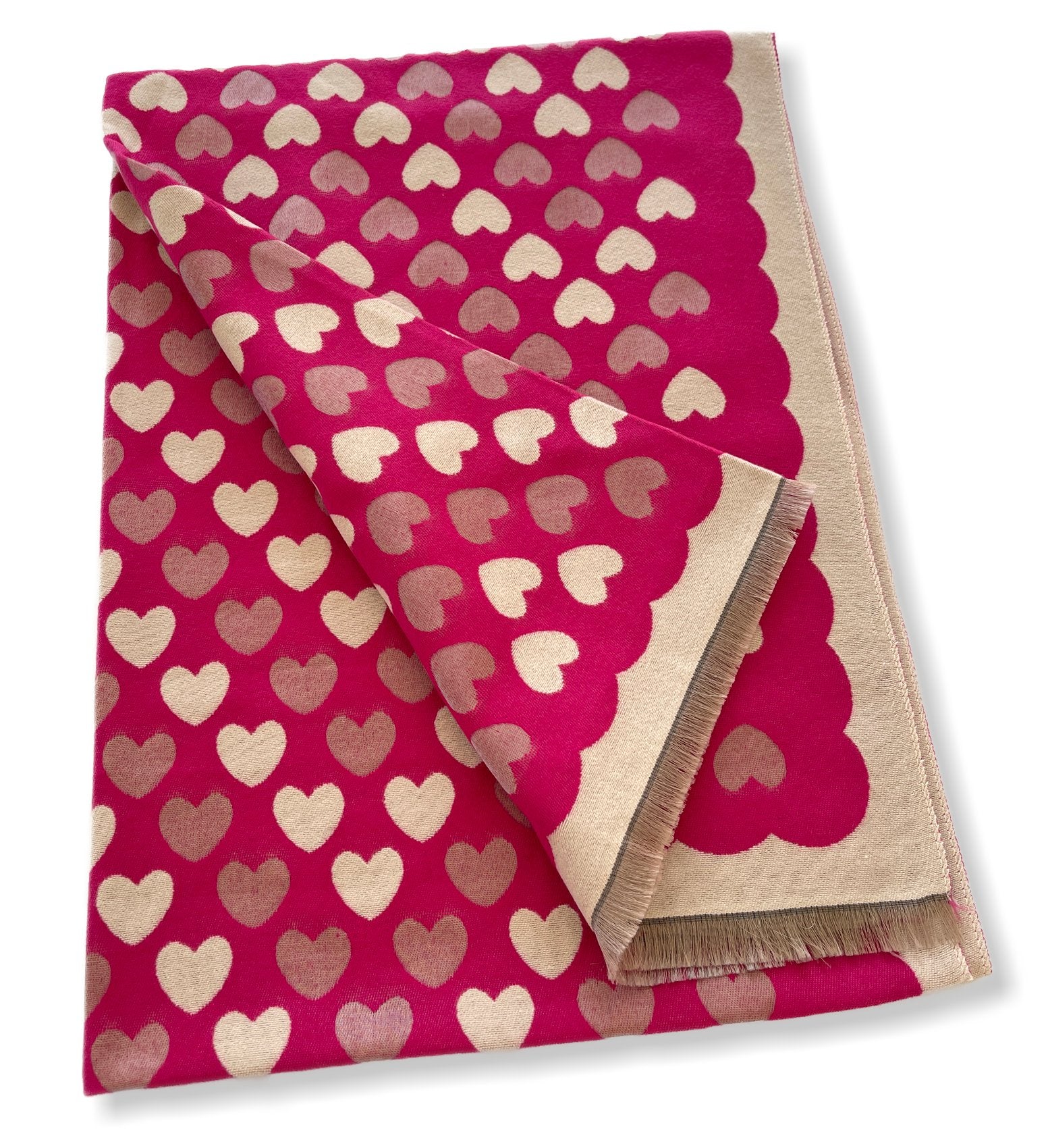 LARGE FUCHSIA PINK HEART PRINT REVERSIBLE CASHMERE WINTER SHAWL BLANKET SCARF
