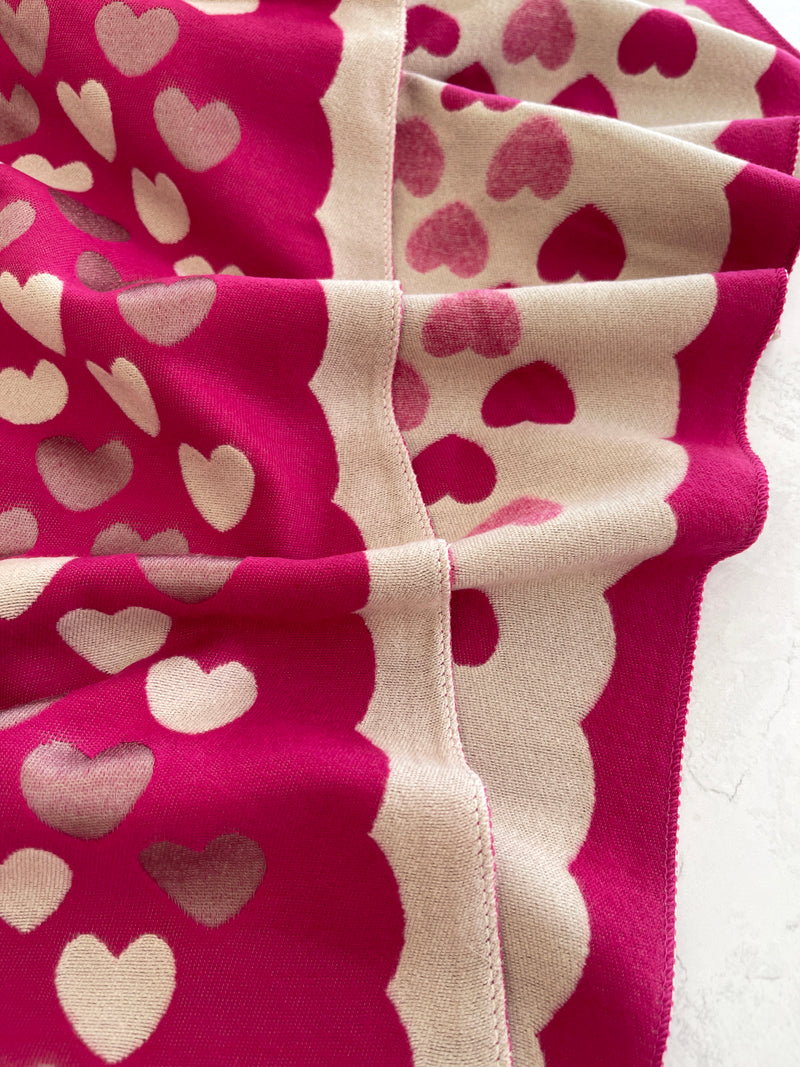 LARGE FUCHSIA PINK HEART PRINT REVERSIBLE CASHMERE WINTER SHAWL BLANKET SCARF